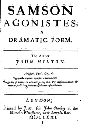 1671 Title Page of Samson Agonistes